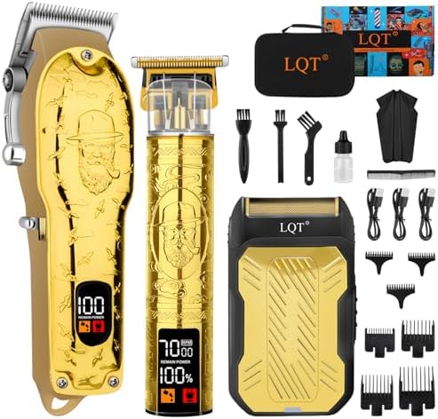 Professional Hair Clipper Set for Men Electric Shaver Razor Cordless Hair Cutting Barber Clippers Beard Trimmer Men’s Grooming Kit Gifts for him (Gold)