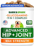 Bark&Spark Senior Advanced Glucosamine Chondroitin for Dogs - Hip Joint Pain Relief Pills - Old Dog Joint Supplement Large & Small Breed - Hip Joint Chews Joint Health Care Vitamin Treats - 120Ct