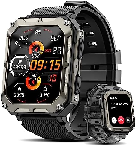 Rgthuhu Military Smart Watches for Men (Answer/Make Call), 100M Waterproof Rugged Smart Watch for Android Phones and iPhone, 1.9" Outdoor Sports Fitness Tracker with Heart Rate, Sleep Monitor, Black