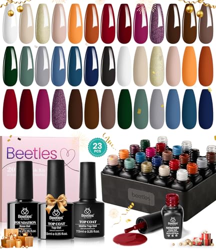 Beetles 23Pcs New Year Gel Nail Polish Kit Winter New Year Colors Orange Burgundy Red Purple Gel Polish Set Brown Gray Blue Green Soak Off Uv Gel Base Top Coat Gifts for Girls Glowing Attraction