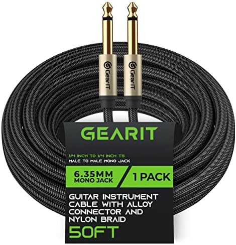 GearIT Guitar Instrument Cable (50ft) 1/4 Inch to 1/4 inch TS Straight Male to Male 6.35mm Mono Jack with Alloy Connector and Nylon Braid