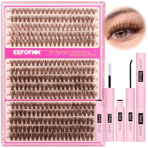 Eefofnn Brown Eyelash Clusters Kit 300 Pcs Natural Lash Clusters Kit 30P+40P+50P Brown Cluster Eyelash Extensions Kit Wispy Individual Lashes Bond and Seal Glue Fluffy Lashes Extension Kit DIY at Home
