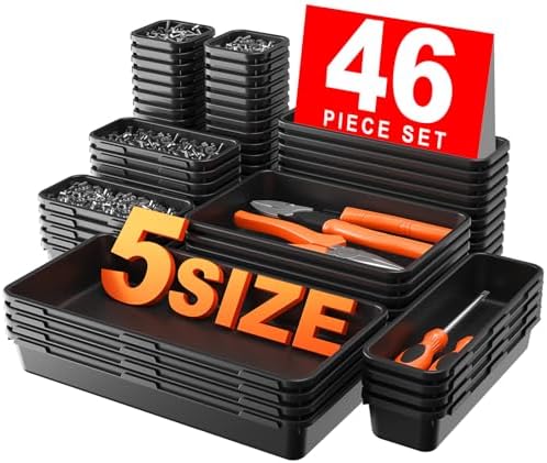 【𝟰𝟲𝗣𝗖𝗦】【5 Size】A-LUGEI Tool Box Organizer Tray Divider Set, 【Black】 Desk Drawer Organizer, Garage Organization and Storage Toolbox Accessories Rolling Tool Chest Cart Cabinet WorkBench Small Part