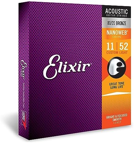 Elixir Strings 80/20 Bronze Acoustic Guitar Strings w NANOWEB Coating, Custom Light (.011-.052)