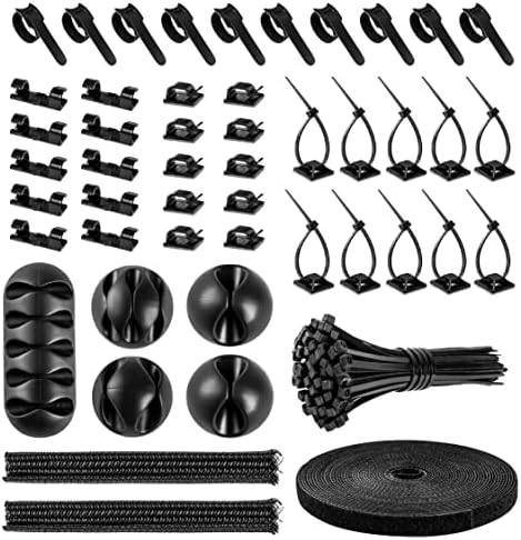 Cable Management Organizer Kit 2 Cable Sleeve Split with 41Self Adhesive Cable Clips Holder, 10pcs and 2 Roll Self Adhesive tie and 100 Fastening Cable Ties for TV Office Home Electronics etc