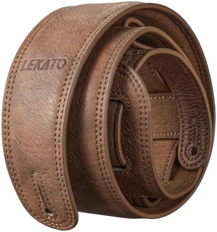 LEKATO Bass Guitar Strap for Electric Guitar & Bass 2.5” Wide Leather Bass Guitar Strap with Foam Padded Bass Guitar Strap Leather Bass Strap Adjustable Length from 41” to 51” Leather Guitar Straps