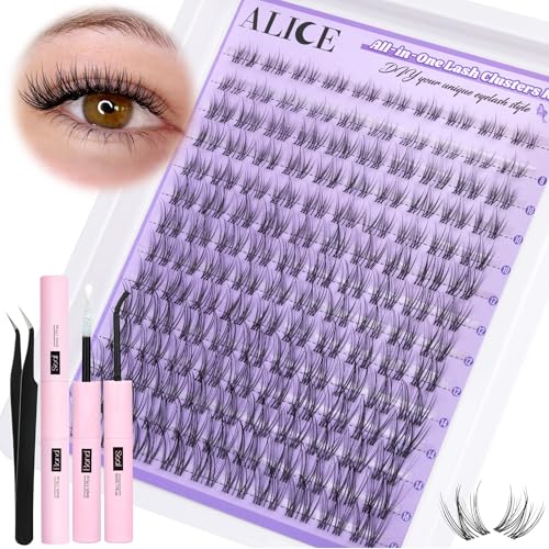 ALICE Cluster Eyelash Extension Kit Natural Wispy Lash Clusters Kit Lash Extension Kit Clear Band 168pcs C Curl 11-13mm Individual Lashes with Lash Glue Bond and Seal Self Application at Home