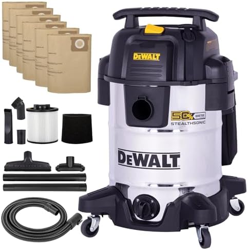 DEWALT 10 Gal Stealthsonic Shop Vacuum Wet and Dry, 5HP Heavy-Duty Stainless Steel Shop Vac, Ultra-Quiet with Complete Accessory Kit & 6 Bonus Dust Bags - Ideal for Job Sites, Workshops & Garages