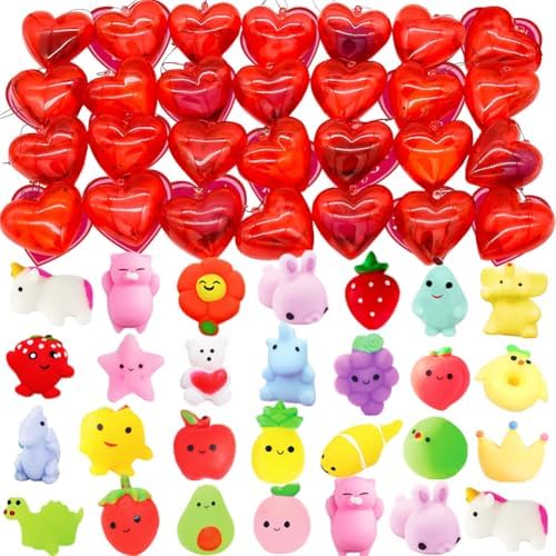DINESIL 28 Packs Valentine Mochi Squishy Toys Filled Hearts with Valentine Cards, Kawaii Animal Squishies for Kids Valentines Day Gift Exchange, Classroom Prizes, Valentine Party Favors Supplies