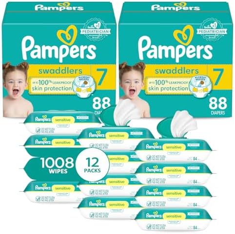 Pampers Swaddlers Disposable Baby Diapers Size 7, 2 Month Supply (2 x 88 Count) with Sensitive Water Based Baby Wipes 12X Multi Pack Pop-Top and Refill (1008 Count)