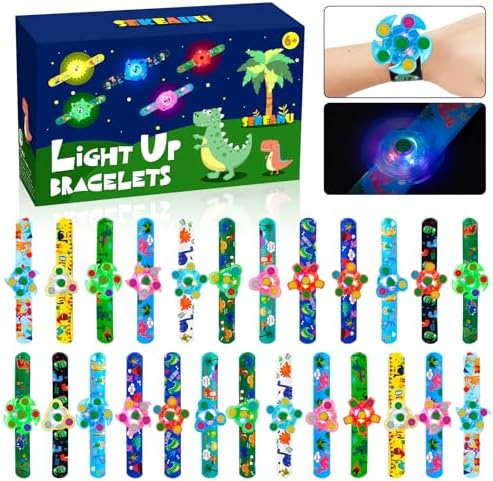 SEKEAHU 25 PCS Light Up Fidget Rotating Toy + 25PCS Slap Bracelets, Dinosaur Easter Egg Fillers Stocking Stuffers for Kids 4-8-12 Goodie Bag Stuffers Glow in The Dark Supplies Gifts