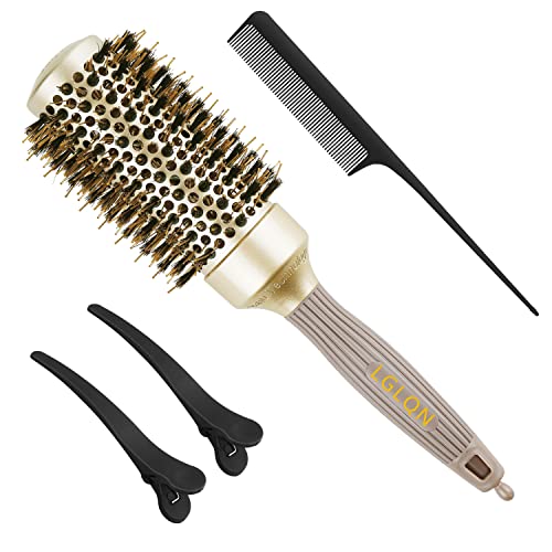 Round Barrel Brush for Blow Drying, with Boar Bristles, Nano Thermal Ceramic & Ionic Tech, 1.7 inch, Gold