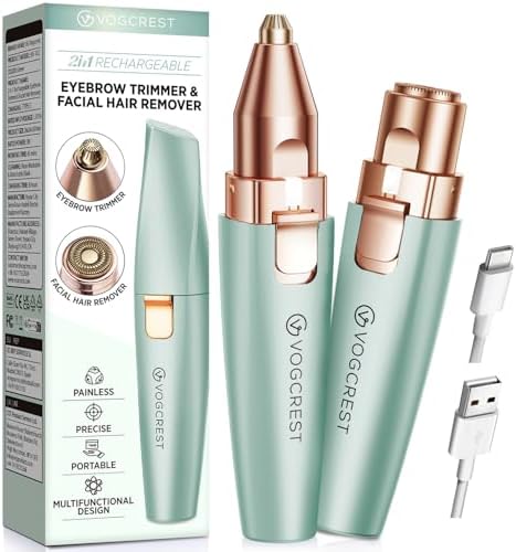Eyebrow Facial Trimmer: 2 in1 Rechargeable Facial Hair Removal and Eyebrow Shaver - Face Lips Body Painless Facial Razor with Built-in LED Light (Pastel Green)
