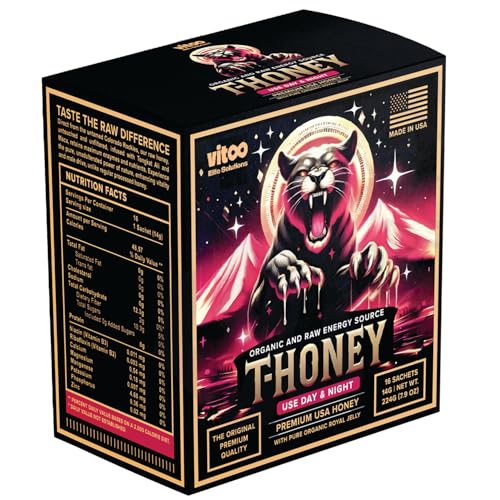 Organic Honey Packets Made in USA – Raw Honey with Premium Royal Jelly, Pure Bee Pollen & Potent Herbal Complex – Elite Men's Vitality & Stamina Boost – 16 Sachets (14g each)