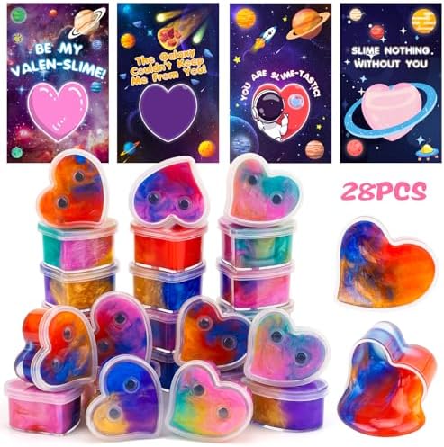 28 Pack Valentines Day Gifts for Kids Classroom - Galaxy Slime Valentines for Kids with Valentines Day Cards for Kids School, Class Valentines Day Exchange Gifts for Boys Girls