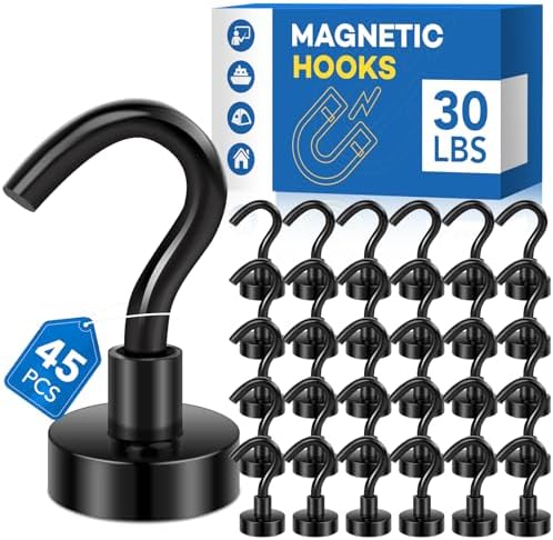 LOVIMAG Magnetic Hooks，30Lbs Magnetic Hooks for Cruise Cabin, Hooks Magnets for Hanging, Fridge, Classroom, Refrigerator, Ceiling, Office, Kitchen. Grill, Garage- 45 Pack