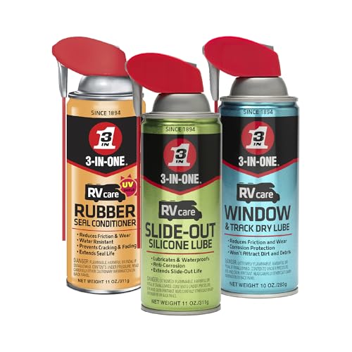 3-IN-ONE RV Care Trio Pack Includes Slide Out Lube 11 oz, Window & Track Lube 10 oz and Rubber Seal Conditioner 11oz.
