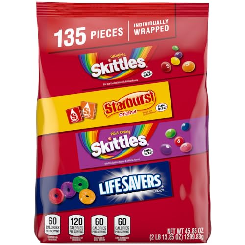 SKITTLES, STARBURST & LIFE SAVERS Fun Size Fruity Halloween Candy Assortment, 135 Ct Bulk Bag