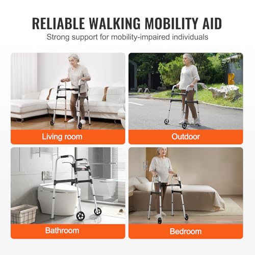 VEVOR Folding Walker, 2-Button Folding Walkers with 5" Solid Wheels and Adjustable Height, Lightweight Aluminum Mobility Walker, Front Wheeled Rolling Walkers for Seniors and Adults, Up to 350 Pounds