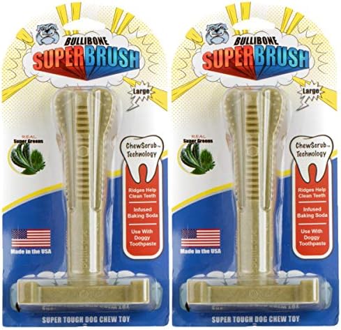 Bullibone SuperBrush: Dog Teeth Cleaning Brushing Toothbrush Stick - Long Lasting Nylon Super Greens Chew Toy for Oral Care and Dental Health