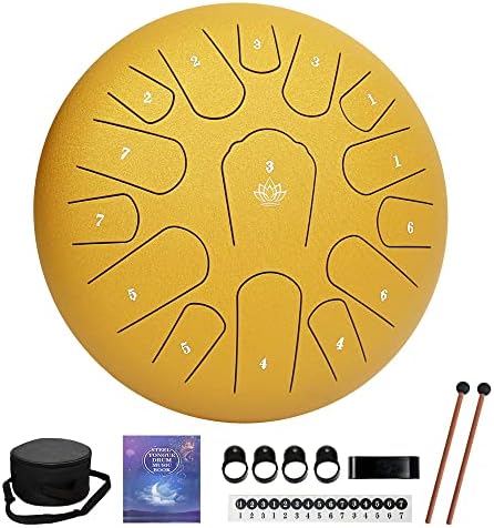 Rain Drum for Outside Garden,Steel Tongue Drum 12 Inches 15 Notes Musical Instruments, Handpan Drum Percussion Instrument, with Soft Bag, Music Book, 2 Mallets, for Meditation or Yoga(Yellow)