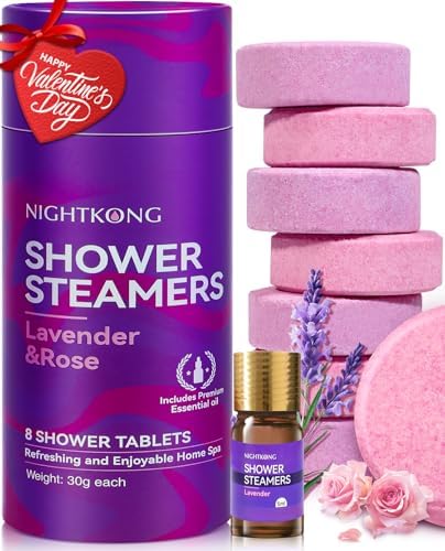 Valentines Day Gifts for Her - 8 Packs Lavender & Rose Shower Steamers with 5ml Bonus Bottle of Essential Oil, Relaxation Birthday Presents for Women