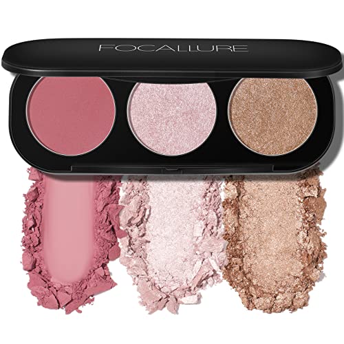 FOCALLURE Blush and Highlighter Palette,3 in 1 Makeup Powder, Cruelty-Free Matte, Shimmer Illuminator for a Glowing Look,#03