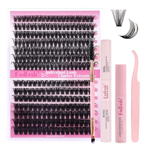 FADLASH DIY Lash Extension Kit Individual Lashes Cluster D Curl Eyelash Extension Kit D Curl Lash Clusters Lash Applicator Tool for Self Application at Home(KIT 60D+80D-D-12-18mm)
