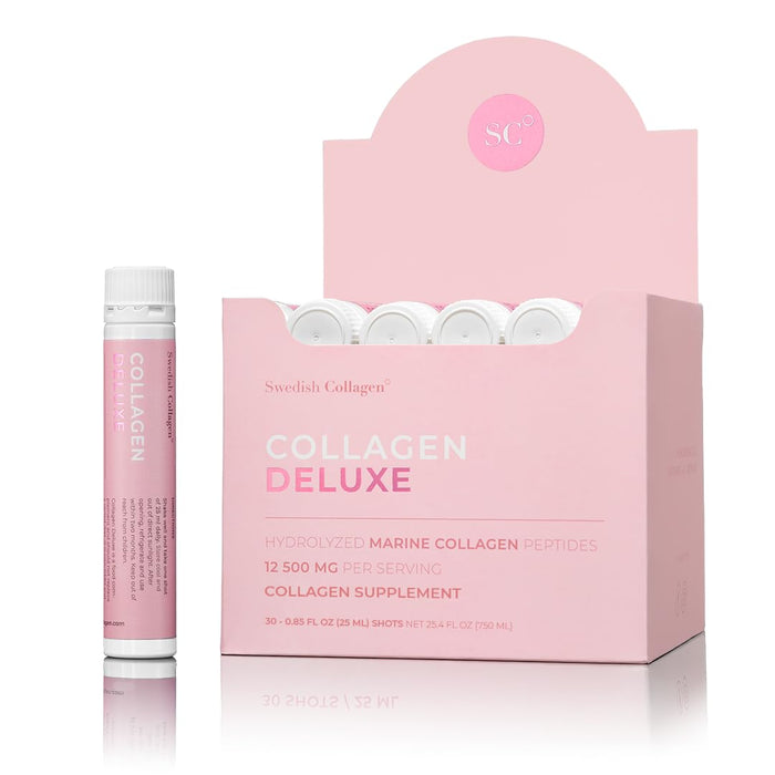 Swedish Collagen - 12500mg Collagen Deluxe 25ml I Hydrolyzed Marine Collagen Peptides (Type I & III) I Hyaluronic Acid, Biotin, Vitamin C I Sugar Free - 30 Shots per Box
