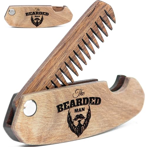 Enjoy The Wood Beard Comb for Men, Folding Pocket Beard Accessories for Men, Engraved Walnut Wooden Comb for Moustache, Beard & Hair - Perfect Gift For Him (Gift for Him (Skull)) (Model BM)