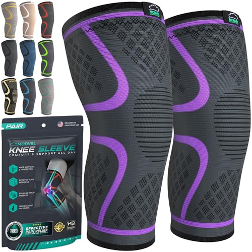 Modvel Compression Knee Brace for Women & Men - 2 Pack Knee Brace for Women Running Knee Pain, Knee Support Compression Sleeve, Workout Sports Knee Braces for Meniscus Tear ACL & Arthritis Pain Relief