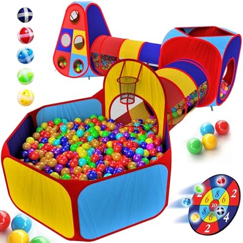 Playz 5pc Kids Play Tent Jungle Gym, Ball Pit, Pop Up Tents & Play Tunnel for Toddlers, Babies, and Kids Indoor & Outdoor Playhouse Bundle with Dartboard and 5 Sticky Balls, Gift for Boys & Girls