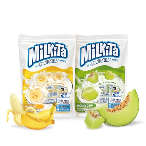 Milkita Creamy Shake Candy Bag, Gluten Free Chewy Candies with Calcium & Real Milk, Zero Trans Fat, Low-Sugar (Banana & Honeydew) 50 Pcs