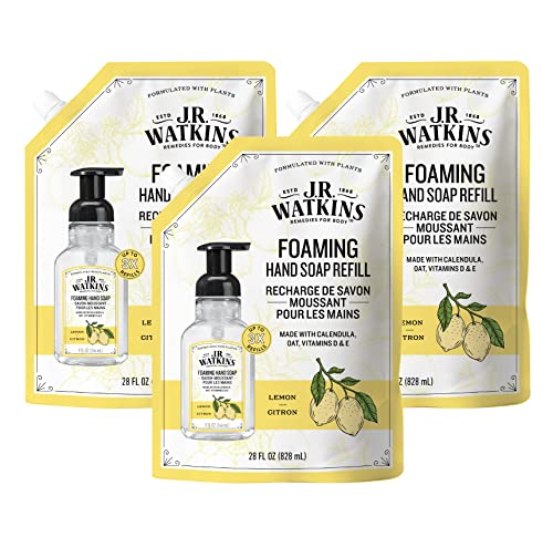 J.R. Watkins Foaming Hand Soap Refill, Moisturizing Foam Hand Wash, All Natural, Alcohol-Free, Cruelty-Free, USA Made, Lemon, 28 fl oz, 3 Pack