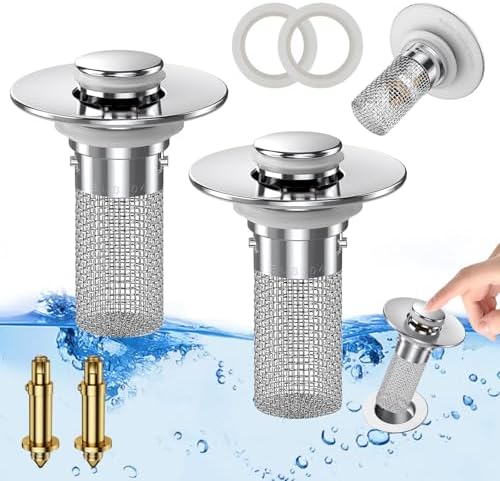 Bathroom Sink Stopper Hair Catcher, Pop-up Sink Drain Strainer with Removable Stainless Steel Strainer Basket Hair Catcher, Bathroom Sink Strainer for Bathroom Sink Stopper Replacement. (2PCS)