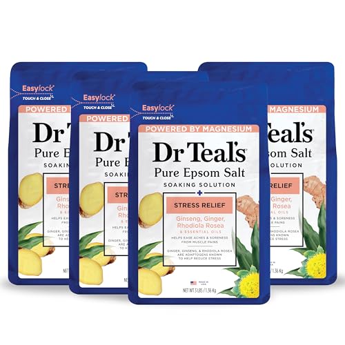 Dr Teal's Pure Epsom Magnesium Salt Soak, Stress Relief with Ginseng & Ginger Essential Oils, 3 lbs (Pack of 4)
