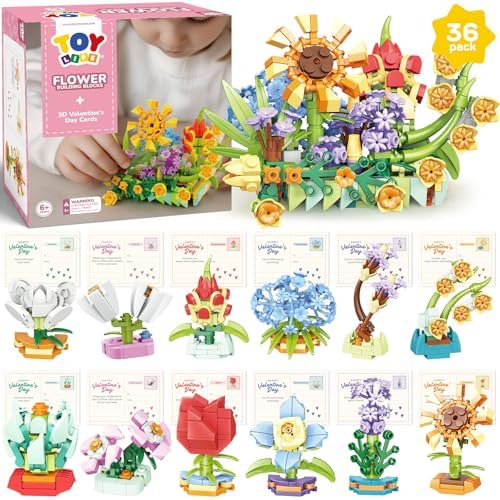 TOY Life 36 Pack Valentines Day Gifts for Kids, Classroom Flower Building Blocks with Valentines Day Cards for Valentines Gifts Exchange, Birthday Gifts Goodie Bags for Kids Boys Girls 3 4 5 6