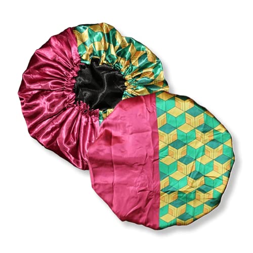 Red 2 Side Pattern Bonnet - Silky Designer Satin Bonnet with Elastic Soft Band Silk Slayer Corps (Burgundy Gold)