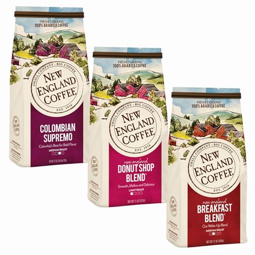 New England Coffee Variety Pack - Breakfast Blend/Colombian Supremo/Donut Shop, 11oz Bag (Pack of 3)