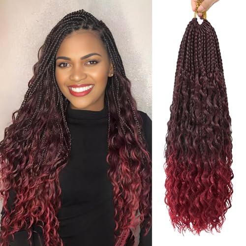 Boho Box Braids Crochet Hair for Women 18 Inch 7 Packs Red Burgundy Goddess Box Braids with Curly Ends Short Crochet Braids Pre Looped Bohemian Braiding Hair Extensions, 1B/Bug
