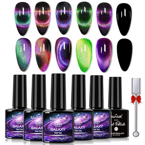 Cat Eye Gel Nail Polish, 9D Cat Eye Gel Polish with Magnet Stick, Chameleon Holographic Gel with Dual Colors Magic Effect Professional Use for Salon-SetA