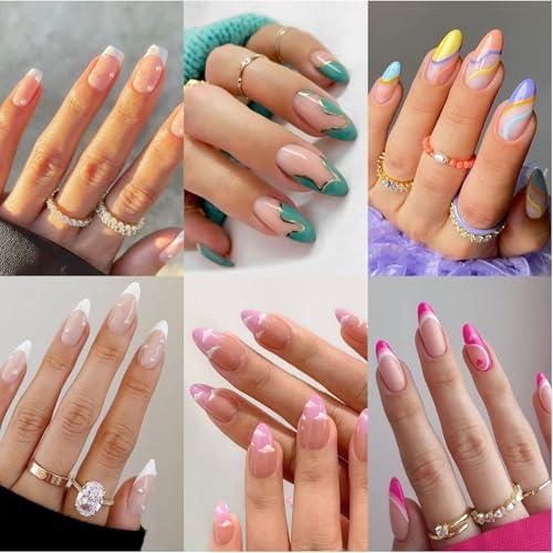 6 Packs (144 Pcs) Press on Nails Medium Design, Misssix Short Fake Nails Almond French Glue on Nails Set with Adhesive Tabs Nail File for Women
