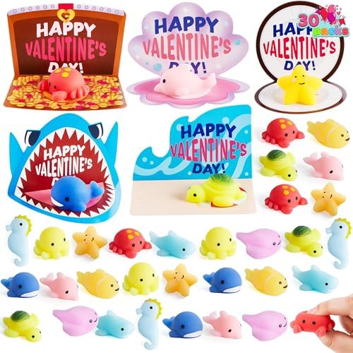 JOYIN 30 Packs Gift Cards with Mochi Squishy Toys, Stress Relief Fidget Toys, Kawaii Mochi Squeezes for Kids Holiday Party Favor, Gift Goodie Bag Filler, Classroom Exchange Prizes