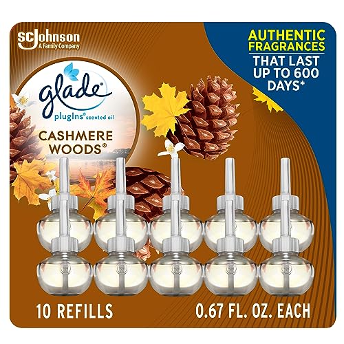 Glade PlugIns Refills Air Freshener, Scented and Essential Oils for Home and Bathroom, Cashmere Woods, 6.7 Fl Oz, 10 Count (Packaging May Vary)