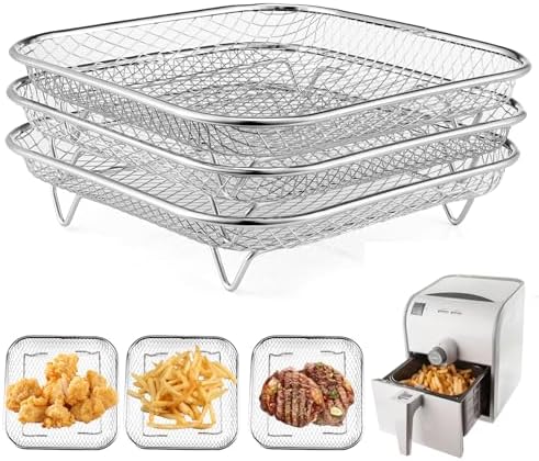 8 inch Square Air Fryer Rack, Set of 3, Stackable Multi-Layer Stainless Steel Dehydrator Rack, Square Airfryer Accessories for Cosori, Instant Vortex, Nuwave Air Fryer, Ninja Foodi Grill