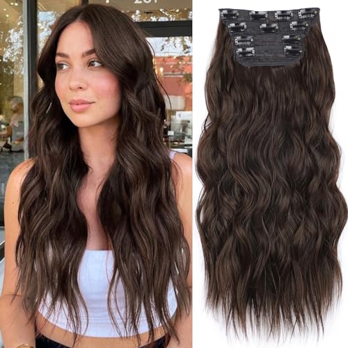 KooKaStyle Clip in Synthetic Hair Extensions Long Wavy 4PCS Thick Hairpieces Chocolate Brown 33Y# Fiber Double Weft Natural Hair Extensions 20 Inch for Women