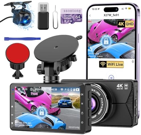 Dash Cam Front and Rear, Dash Cam 4K WiFi/APP Control Dashcam W/ 64GB Card Dash Camera for Cars DVR Car Security Cameras W/Loop Recording G-Sensor Time-Lapse Parking Mode Car Dash Cam USB Powered