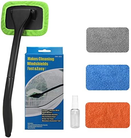 Car Windshield Cleaning Tool, Windshield Cleaner with 4 Washable and Reusable Microfiber Pads and Extendable Handle, for Auto Glass Wiper