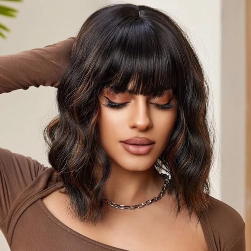 Black Mixed Brown Short Curly Wavy Wig with Bangs for Women Shoulder Length Bob Wig Women's Wigs Synthetic Heat Resistant Fiber Wigs for Daily Party Use (14 Inches)