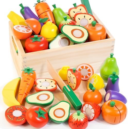 Wooden Play Food for Toddlers, Velcro Fruit and Veggies Cutting Set for Kids, Pretend Food Play Kitchen Accessories for 3 4 5 6 7 Years Old Boys & Girls